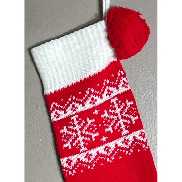 Vtg Christmas Stocking Knit Snowflake Fairisle Pompom Holiday Decor Cozy Hearth - Picture 2 of 5